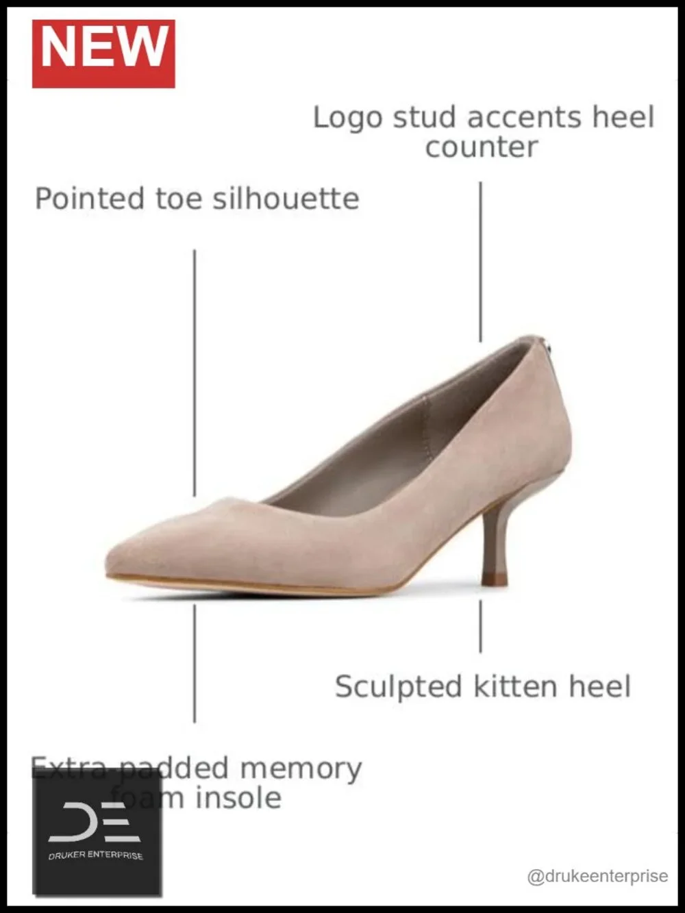 Kitten Heel Pumps, Pointed Toe, Suede, Memory Foam Insole